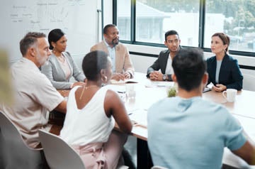 Business people, meeting and strategy in corporate planning, brainstorming or team discussion at the office. Group of employees in teamwork, collaboration or communication in conference at workplace.